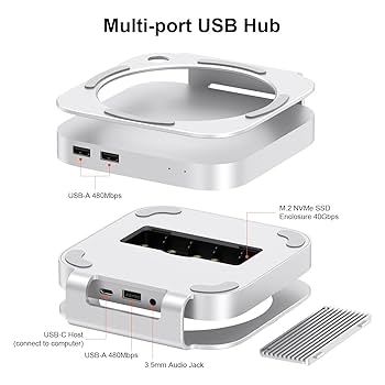 Mac Mini M4/M4 Pro 2024用SSDエンクロージャー　映像出力 Qwiizlab アルミニウム スタンド ハブ、NVMe SSD エンクロージャ